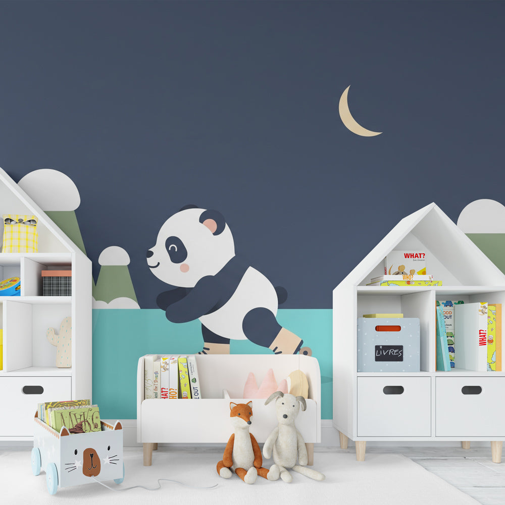Starry night panda wallpaper transforming kids bedroom into peaceful dreamscape with mountain scene