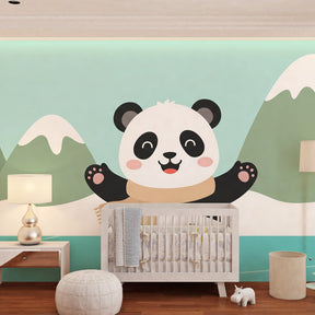 Snow mountain panda skating wallpaper for peaceful children's nursery decor