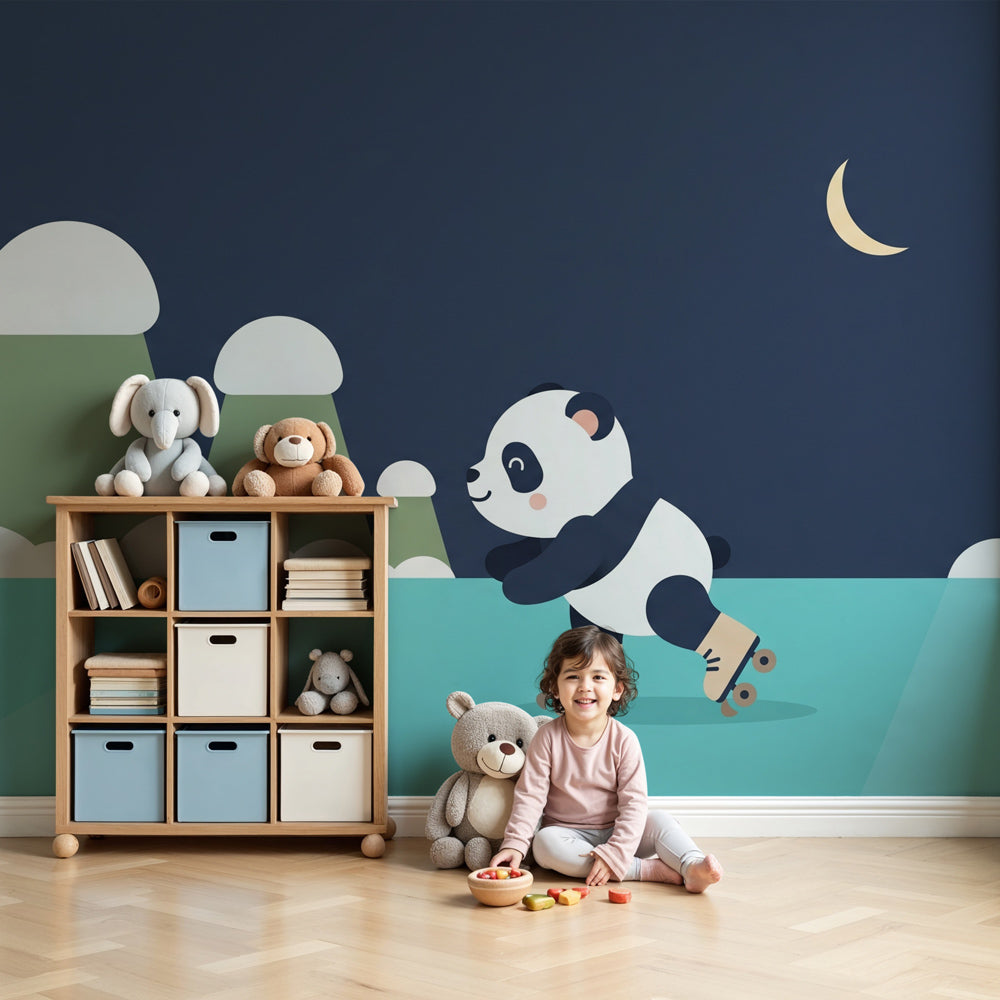 Panda skating mural wallpaper creating magical nighttime atmosphere in modern nursery by Kids-Mundo