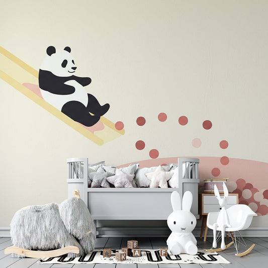 Kids-Mundo panda sliding wall mural behind a bed in a playful kids bedroom