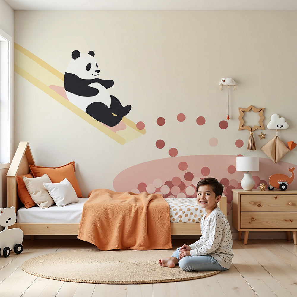 Panda ball pit wall mural by Kids-Mundo styled in a cream-toned nursery