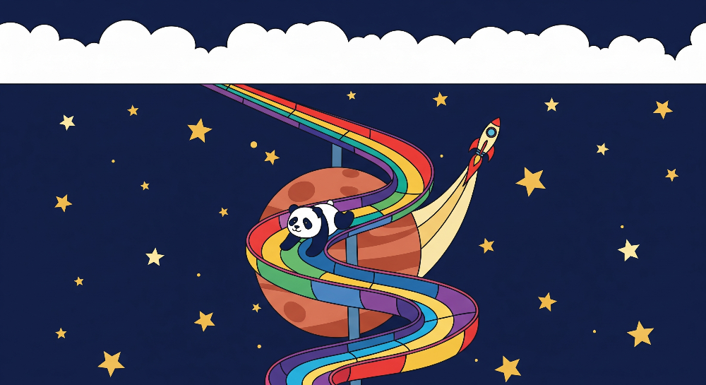 Kids-Mundo flat artwork of a panda riding a rainbow slide past planets and a rocket.
