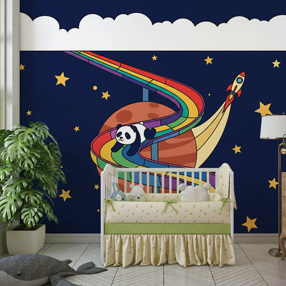 Kids-Mundo panda and rocket wall mural adding adventure to a playroom wall.