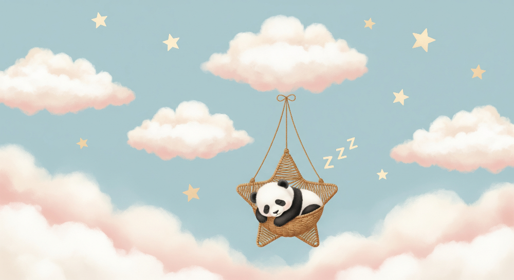 Kids-Mundo flat artwork of a panda sleeping in a woven star-shaped basket