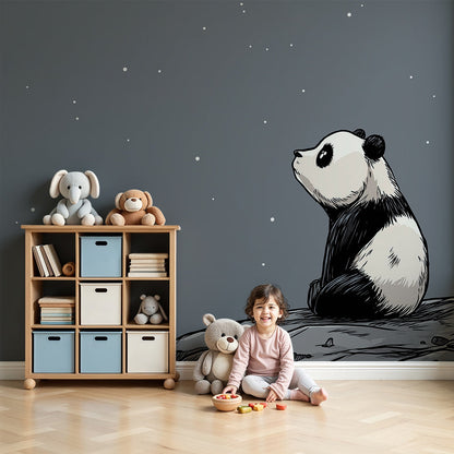 Kids-Mundo panda stargazing wall mural styled above a cot in a calm grey baby nursery
