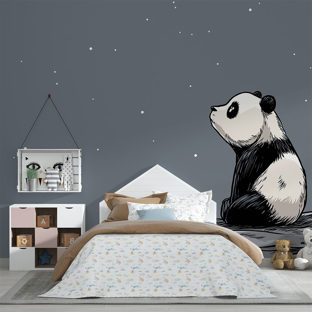 Kids-Mundo panda under a starry sky mural covering a quiet reading corner in a playroom