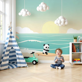 Panda surfer mural wallpaper creating coastal beach atmosphere in modern kids bedroom by Kids-Mundo
