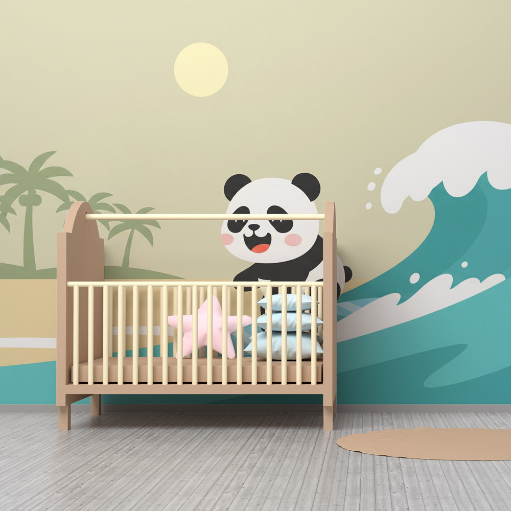 Tropical panda wallpaper with surfing theme decorating children's bedroom wall with beach vibes