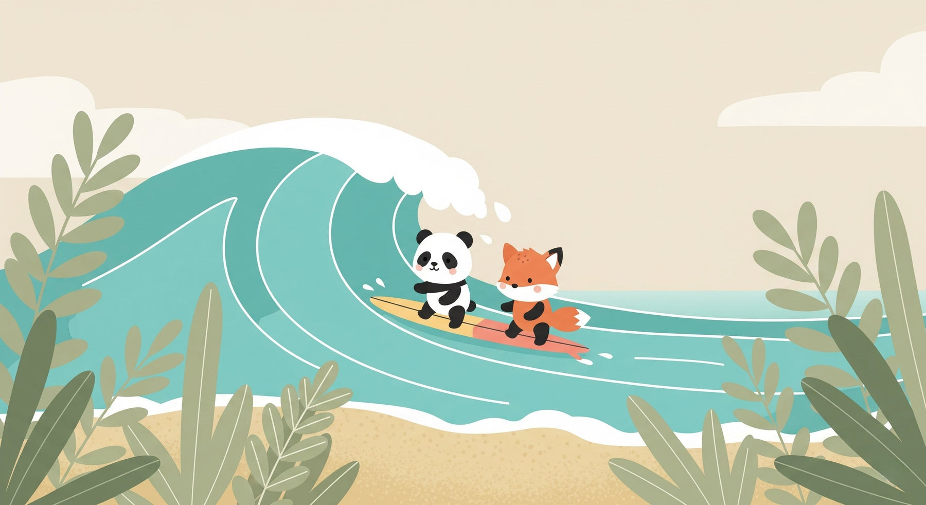 Detailed panda and fox surfer mural wallpaper design pattern with turquoise wave by Kids-Mundo