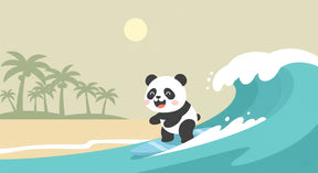 Detailed panda surfer mural wallpaper design pattern with tropical beach and palm trees by Kids-Mundo