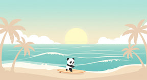 Detailed panda surfer beach mural wallpaper design pattern with ocean waves and palm trees by Kids-Mundo