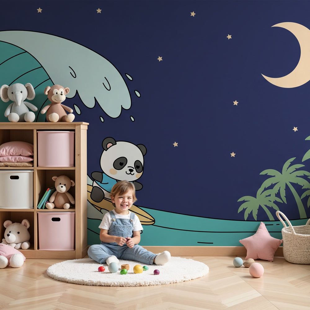 Panda surfer mural wallpaper in modern nursery with moonlit ocean theme by Kids-Mundo