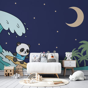 Magical panda surfing wallpaper creating dreamy atmosphere in toddler's room