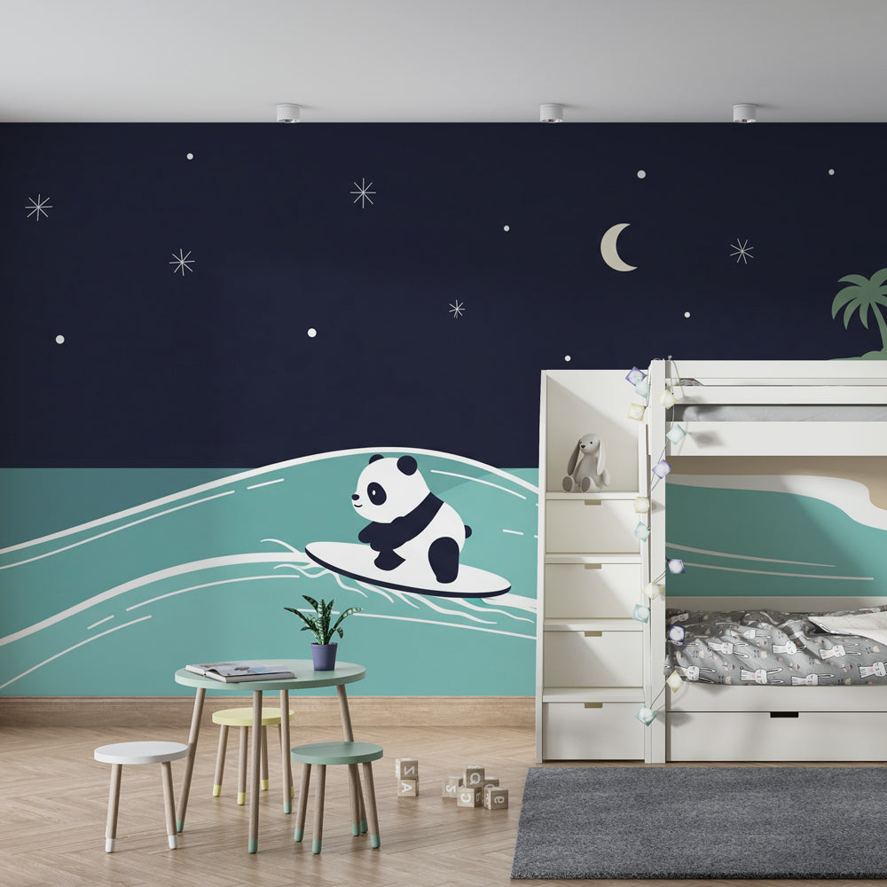Ocean adventure wallpaper featuring surfing panda in modern children's bedroom decor
