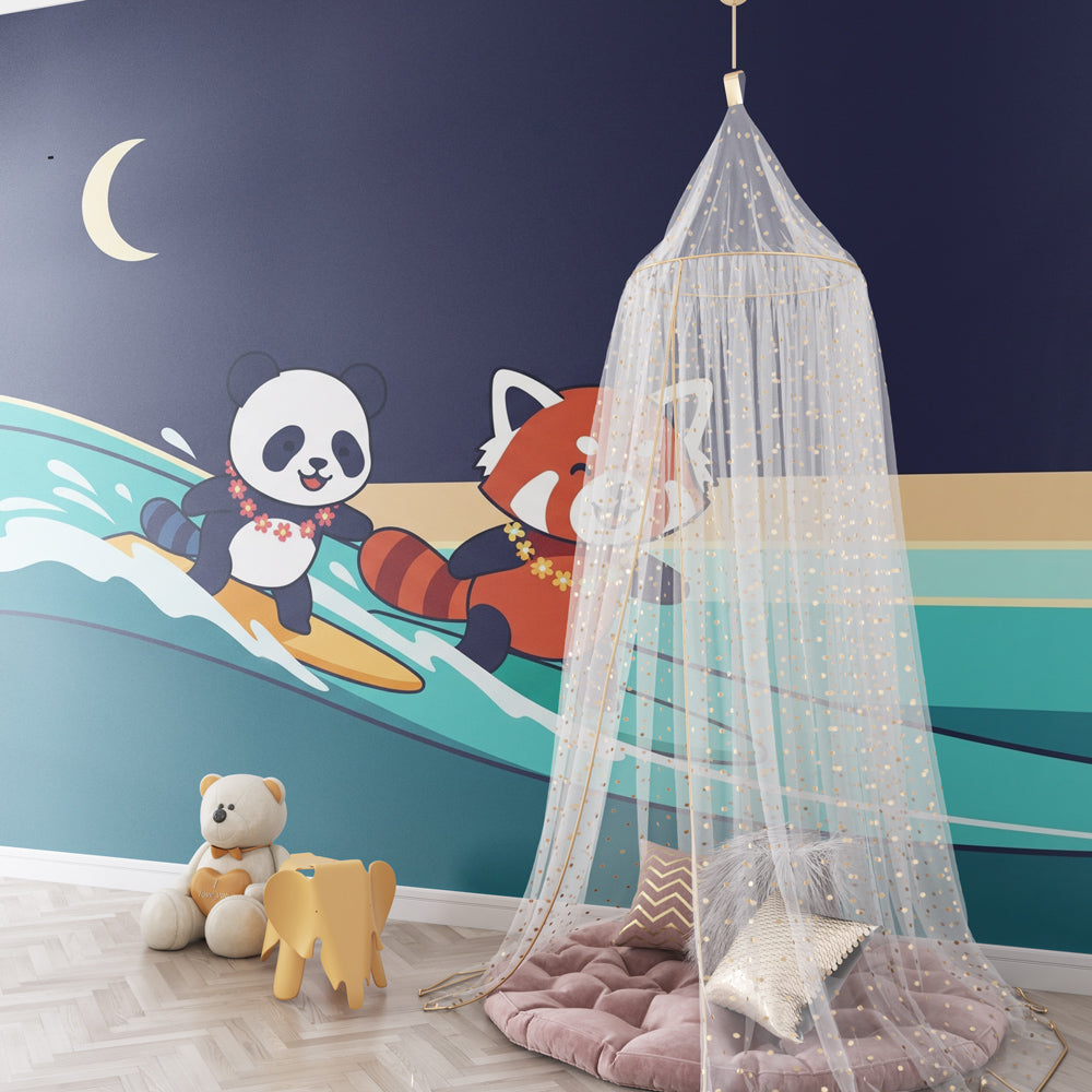 Wave adventure wallpaper featuring pandas surfing in children's bedroom setting