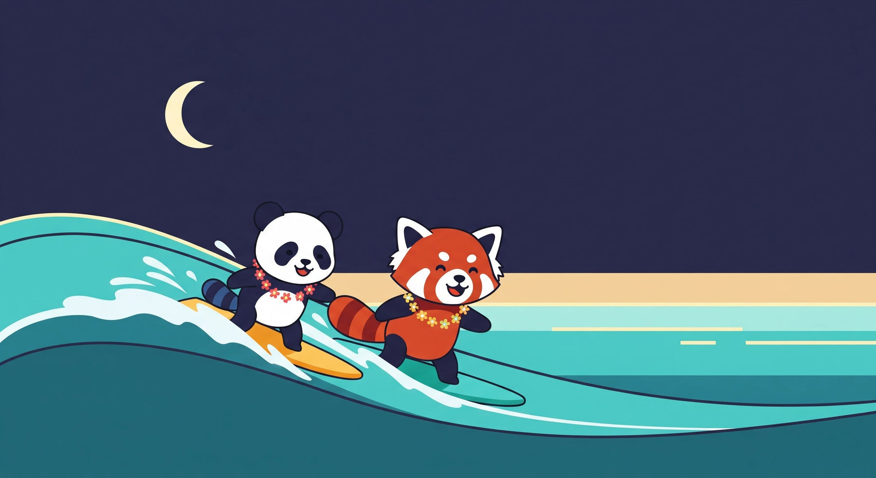 Detailed panda surfing waves mural wallpaper design pattern with turquoise colors by Kids-Mundo