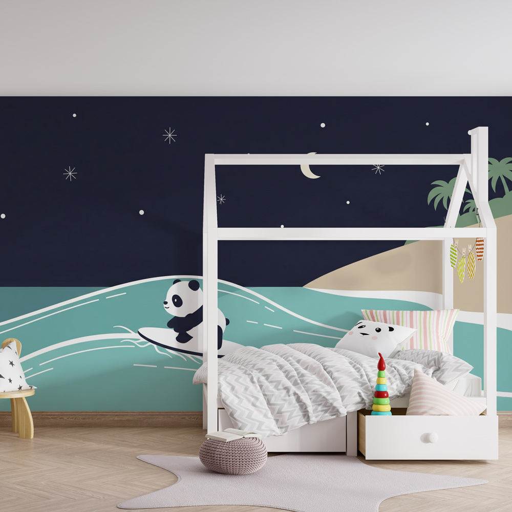 Starry night panda wallpaper creating magical ocean atmosphere in kids room by Kids-Mundo