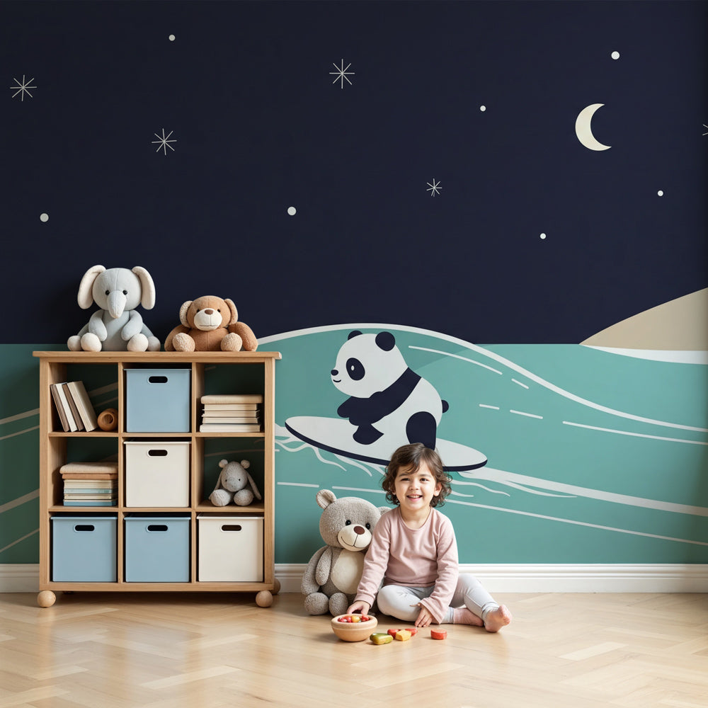 Panda surfing mural wallpaper in peaceful nursery with starry ocean theme by Kids-Mundo