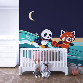Ocean themed mural wallpaper with panda characters creating magical playroom atmosphere
