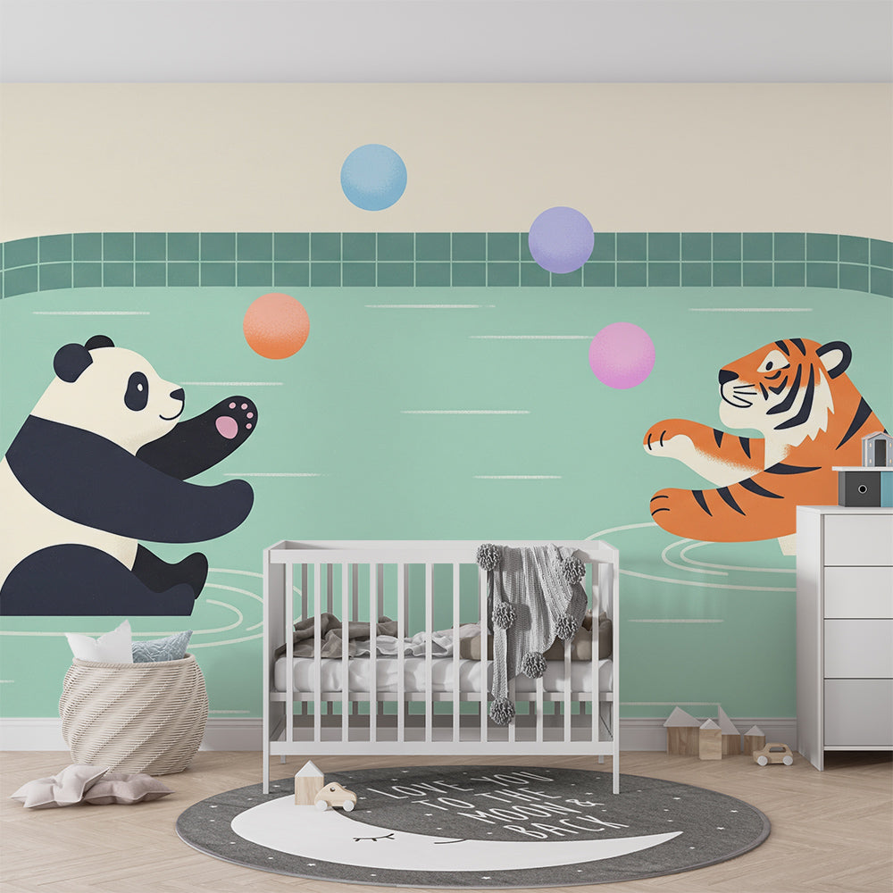 Kids-Mundo panda and tiger wall mural behind a bed in an active kids bedroom