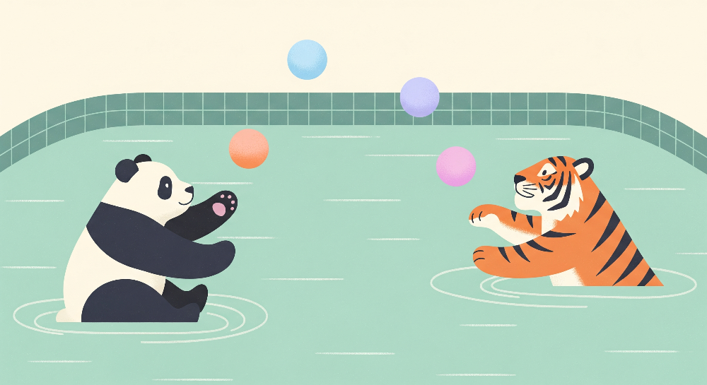 Flat artwork of the Kids-Mundo panda and tiger wall mural showing the pool design