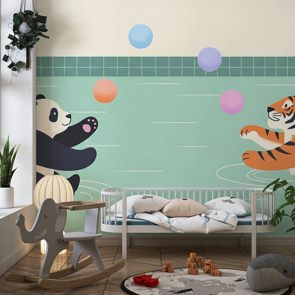 Panda and tiger pool wall mural by Kids-Mundo in a bright, sociable playroom