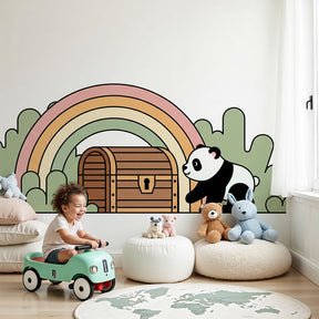 Panda treasure rainbow mural wallpaper in bright nursery room setting by Kids-Mundo