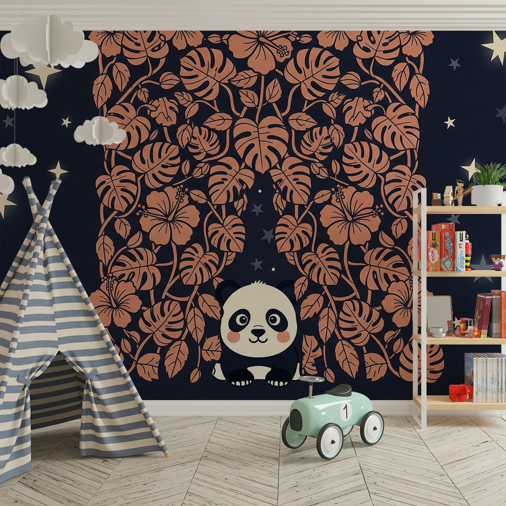 Kids-Mundo starry jungle panda wall mural featured on a child's bedroom wall