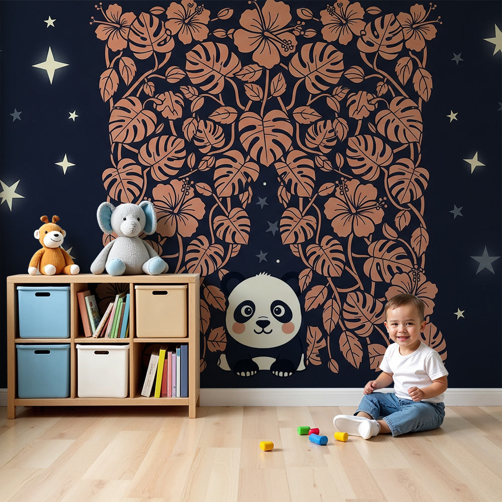 Kids-Mundo panda and starry tropical jungle wall mural styled in a soft nursery room
