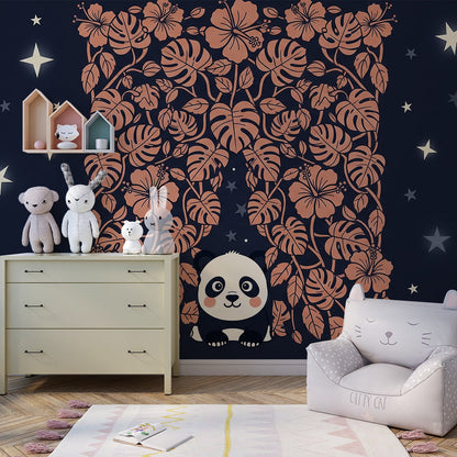 Kids-Mundo tropical panda wall mural adding night-sky charm to a kids' playroom