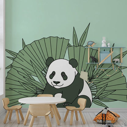 Kids-Mundo panda and palm leaf wall mural styled in a green kids bedroom