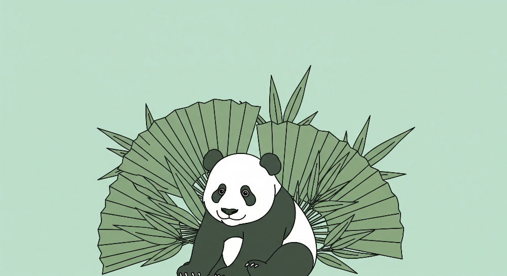Kids-Mundo flat artwork of a panda sitting among tropical palm leaves and bamboo