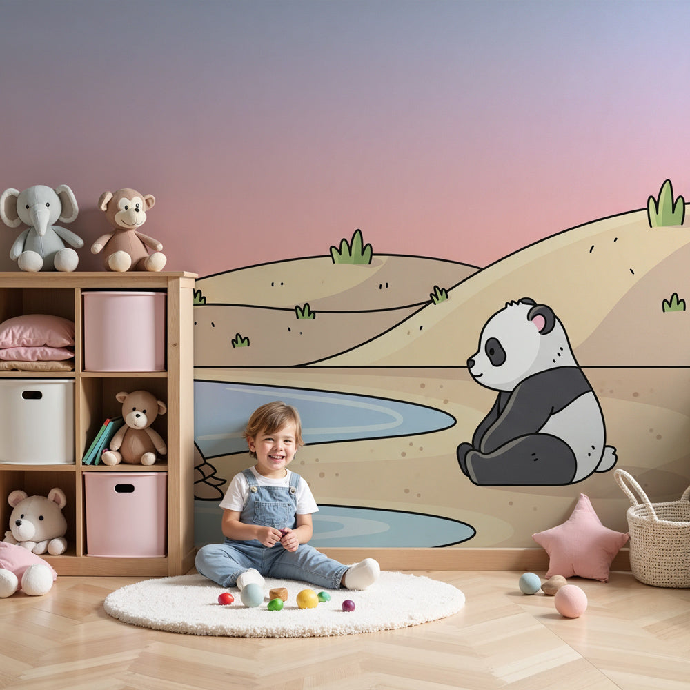 Panda and turtle mural wallpaper in soft pastel nursery setting by Kids-Mundo