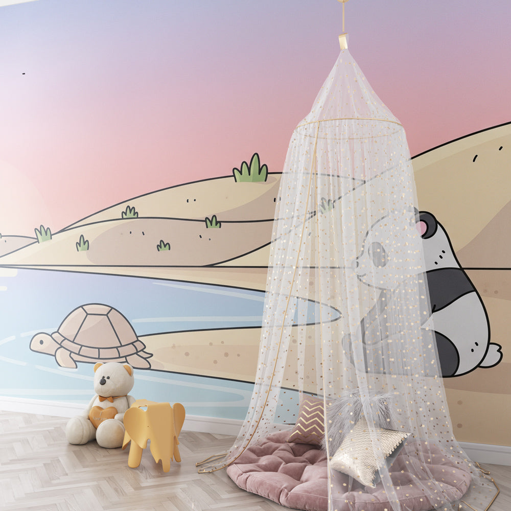 Gentle panda turtle wallpaper design in bright kids playroom by Kids-Mundo