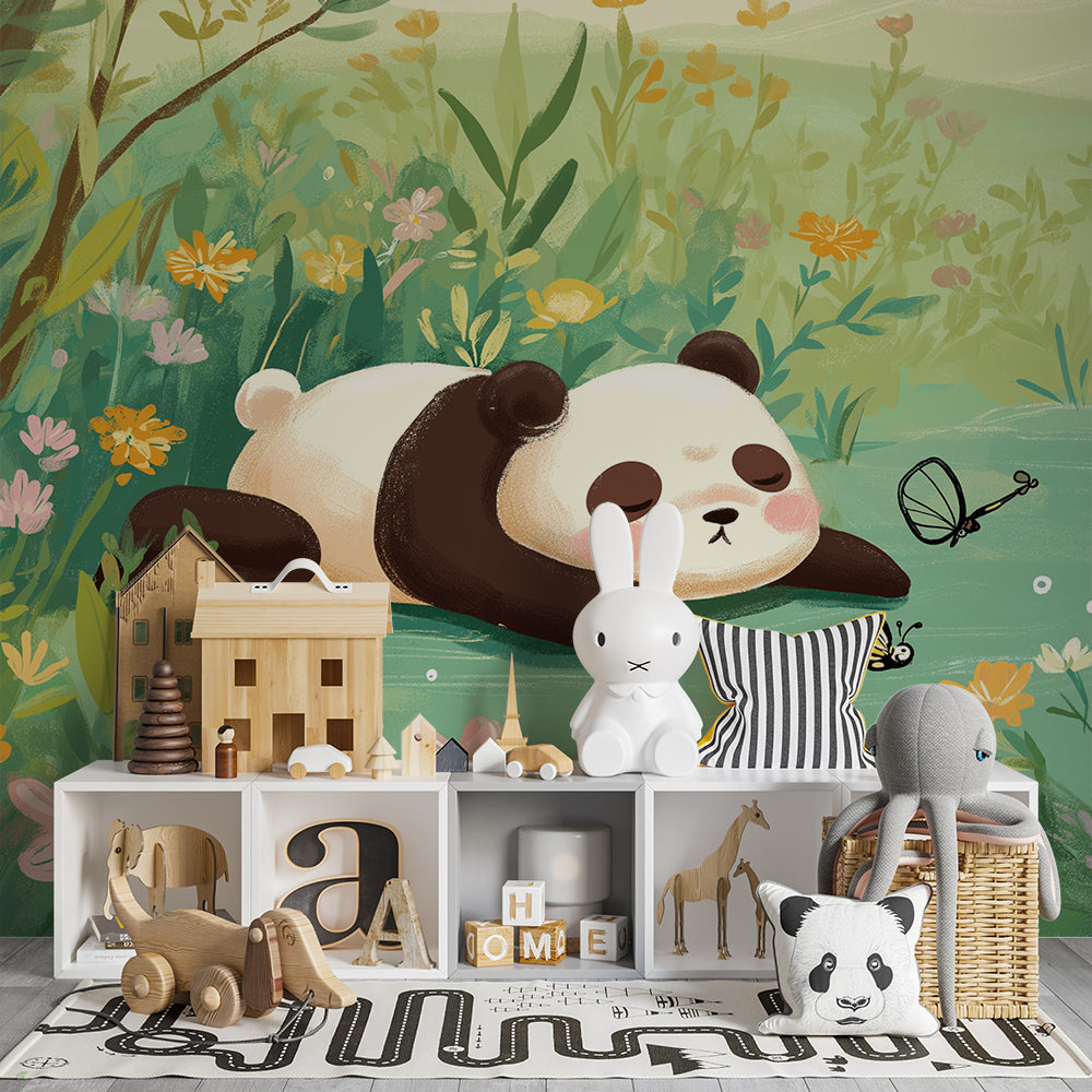 Kids-Mundo panda wildflower meadow wall mural on a kids' bedroom feature wall