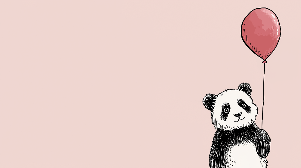 Kids-Mundo flat artwork of a panda holding a bright pink balloon on a blush pink background