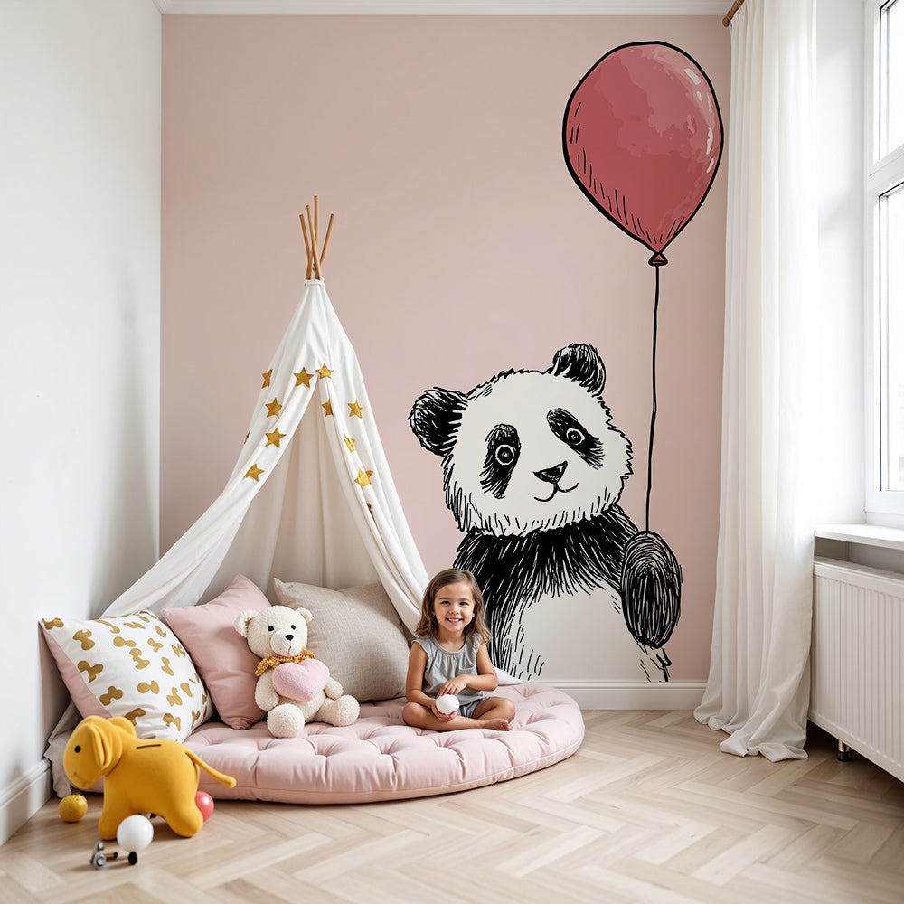 Kids-Mundo panda wall mural with a pink balloon styled in a soft pink nursery