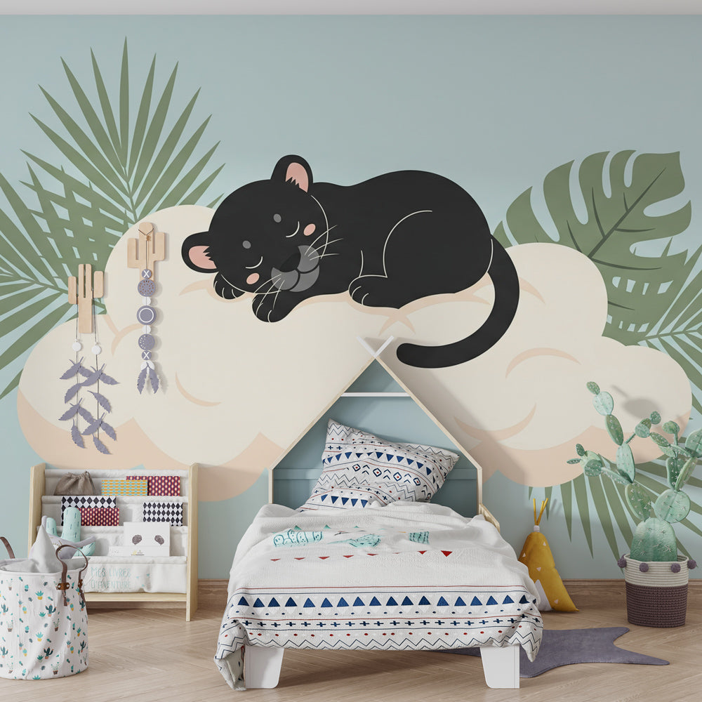 Tropical panther wallpaper creating serene atmosphere in children's bedroom