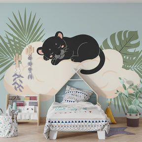 Tropical panther wallpaper creating serene atmosphere in children's bedroom