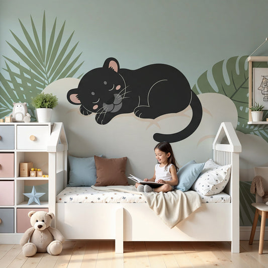 Sleeping panther cloud mural wallpaper in peaceful nursery setting by Kids-Mundo