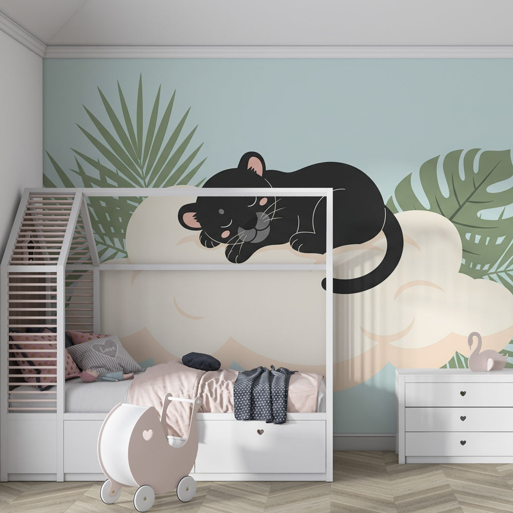 Dreamy cloud panther mural wallpaper for cozy toddler room by Kids-Mundo