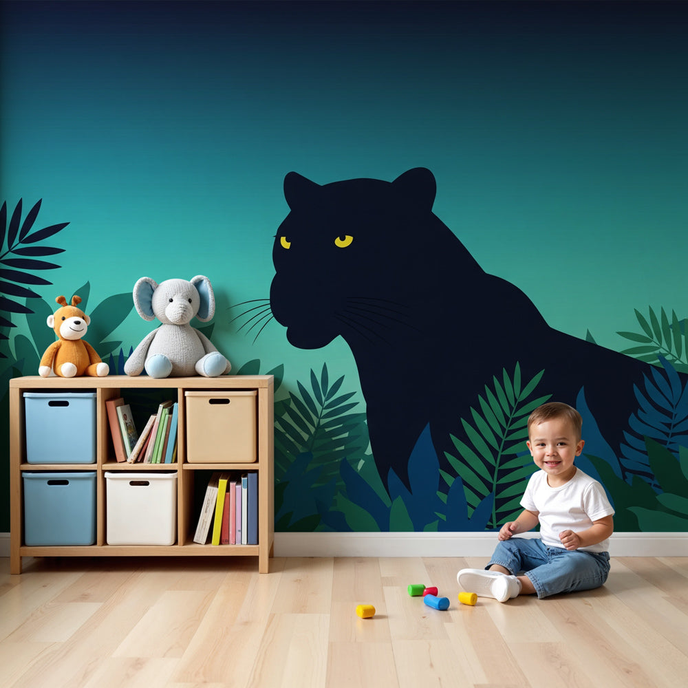 Panther jungle mural wallpaper creating mystical wildlife atmosphere in modern kids bedroom by Kids-Mundo