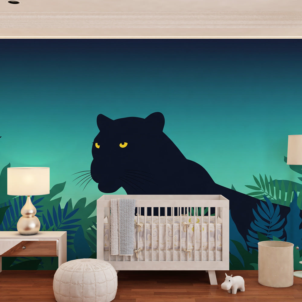 Black panther tropical wallpaper transforming nursery into adventurous jungle sanctuary for children