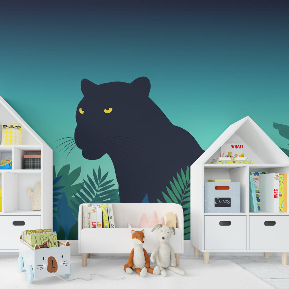 Mysterious panther mural wallpaper inspiring imaginative play in colorful kids playroom decor