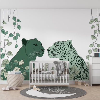 Kids-Mundo jungle cats wall mural covering a kids' bedroom wall above a single bed