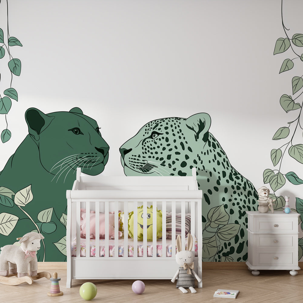 Kids-Mundo panther and leopard mural adding calm green tones to a playroom wall
