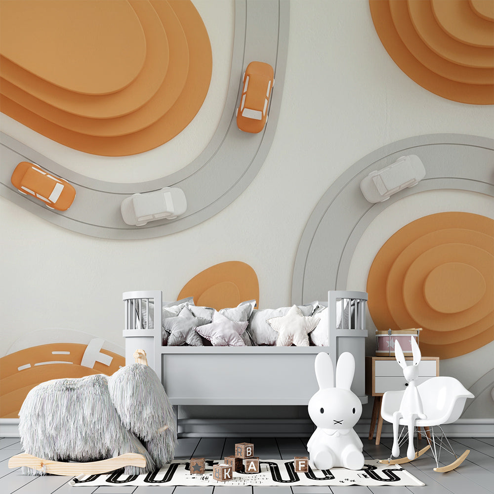 Kids-Mundo papercraft road wall mural styled on a kids bedroom feature wall