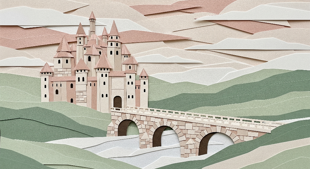 Kids-Mundo flat artwork of a papercut-style castle, stone bridge and layered paper mountains.