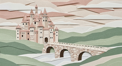 Kids-Mundo flat artwork of a papercut-style castle, stone bridge and layered paper mountains.