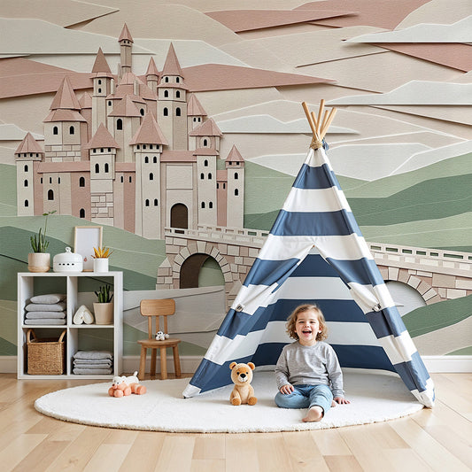 Kids-Mundo papercut castle wall mural with a stone bridge in a soft, calm nursery setting.